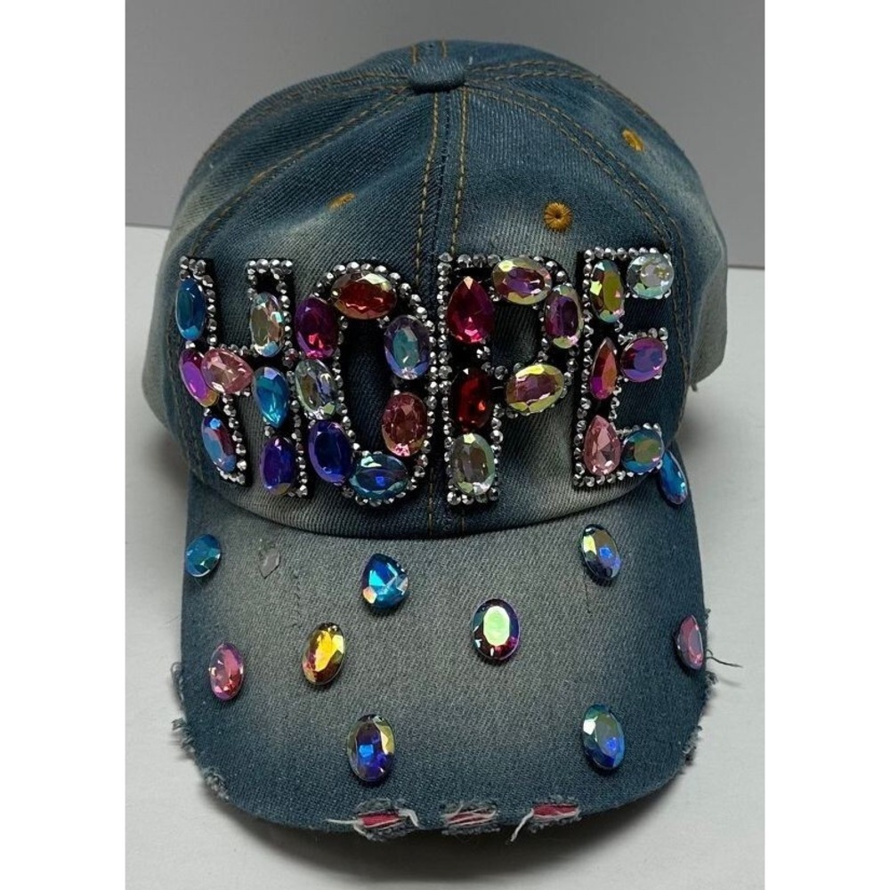 Denim Baseball Cap, Rhinestone Hope Beach Hat, Multicolor Jewels Bling Y2K NWOT